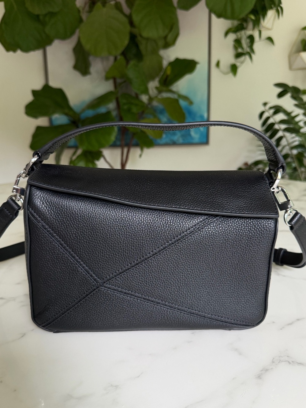 Quince Italian Leather Patchwork Crossbody Top Handle Bag Black Silver Puzzle